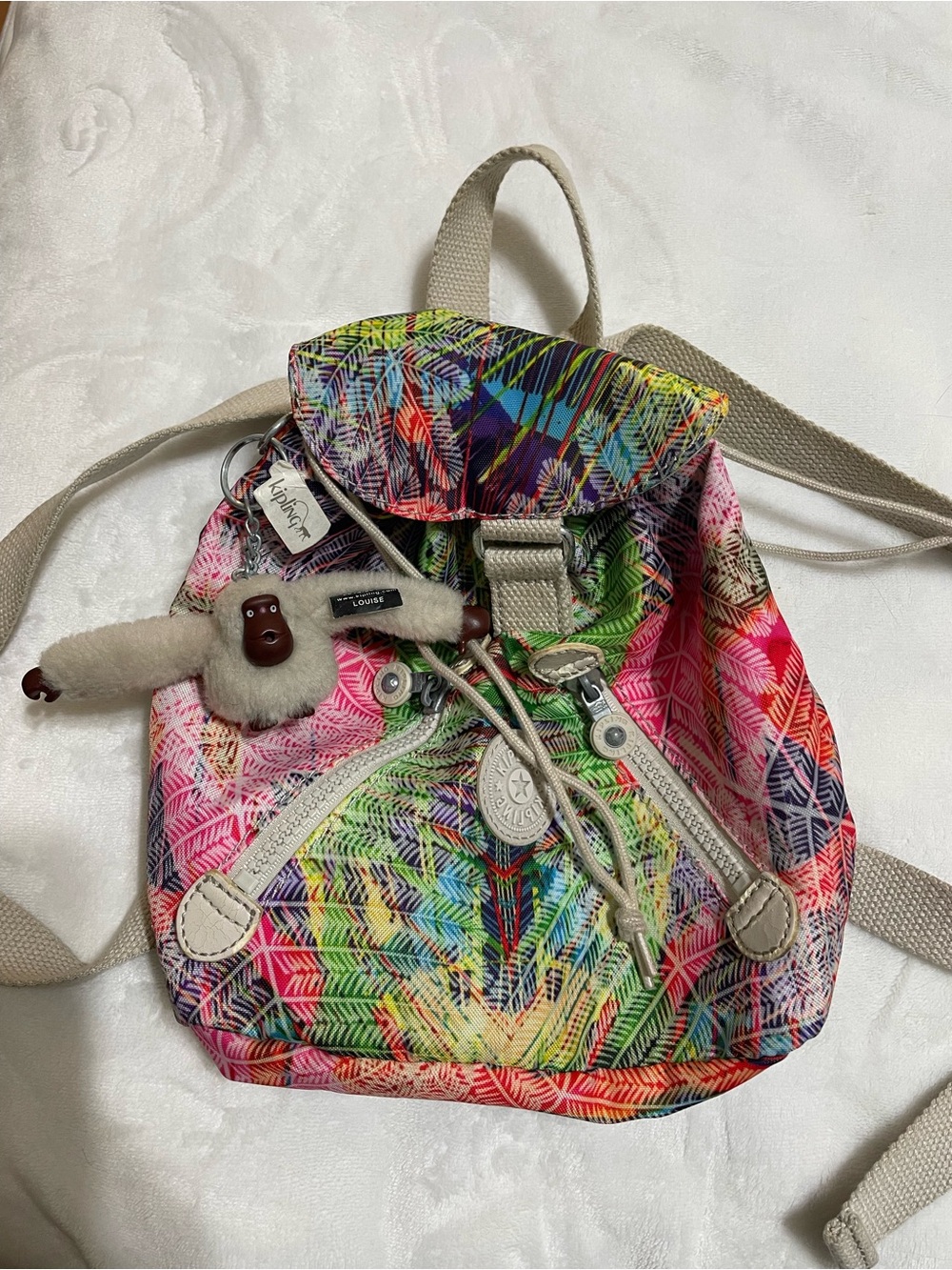 Kipling Mini Backpack Multicolor Print w/ Louise Monkey Charm